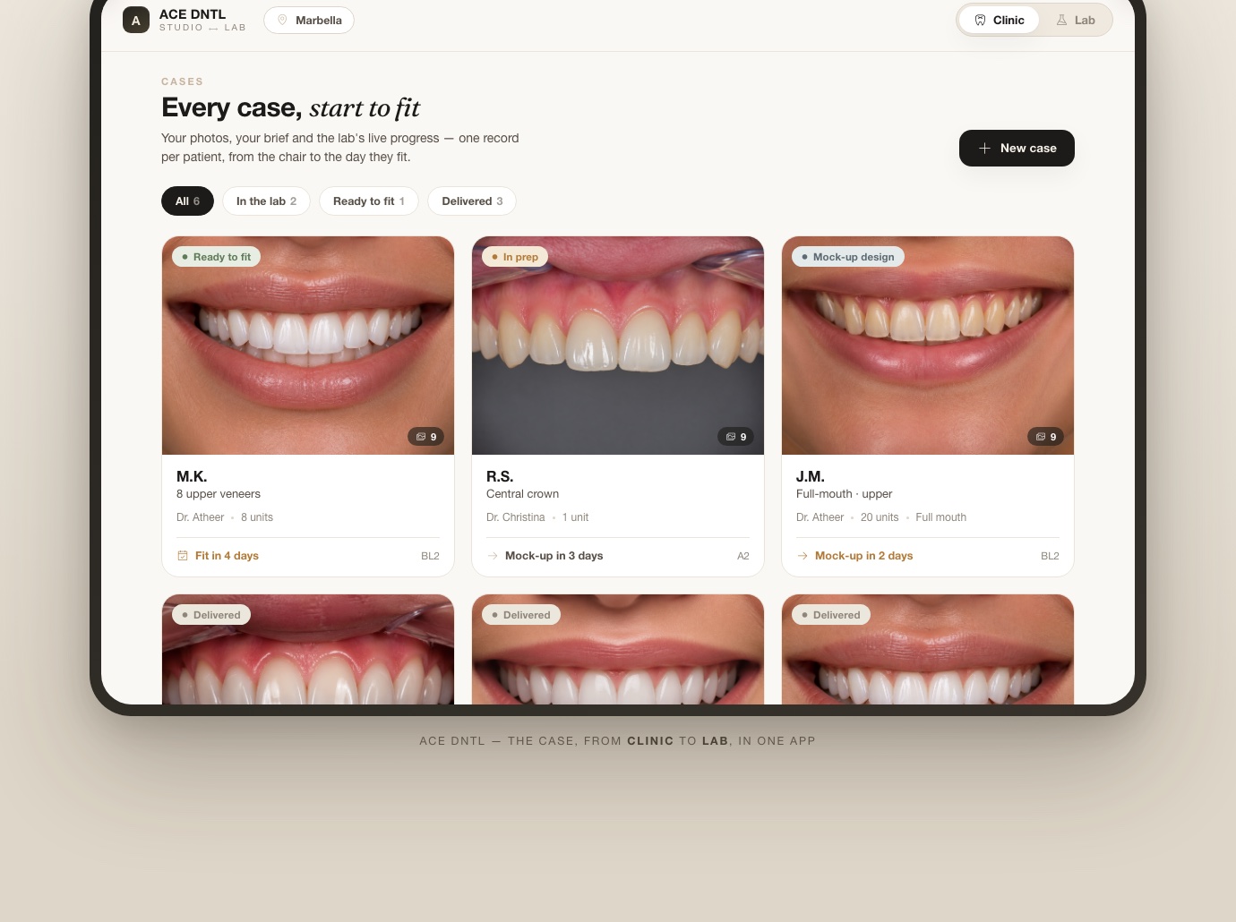 ACE DNTL Studio ⟷ Lab app — every case from chair to fit, one record per patient with photos, brief and live lab progress